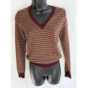 Zara Knit Jacquard V Neck Sweater Geometric Chevron Burgundy Gold S 70s Retro